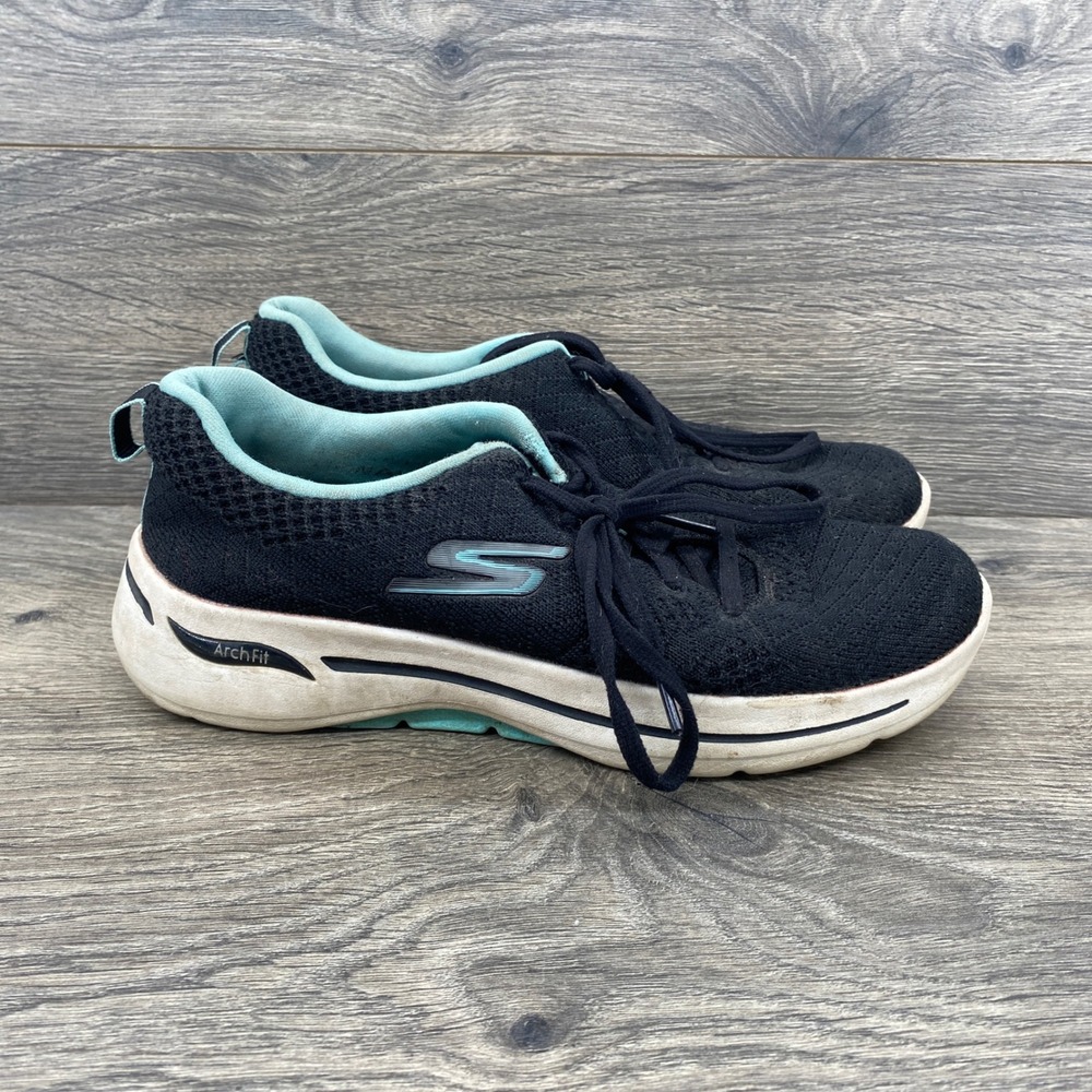 Skechers GoWalk Arch Fit Sneaker Womens 7.5 Black Aqua 124403 Mesh Walking Shoe